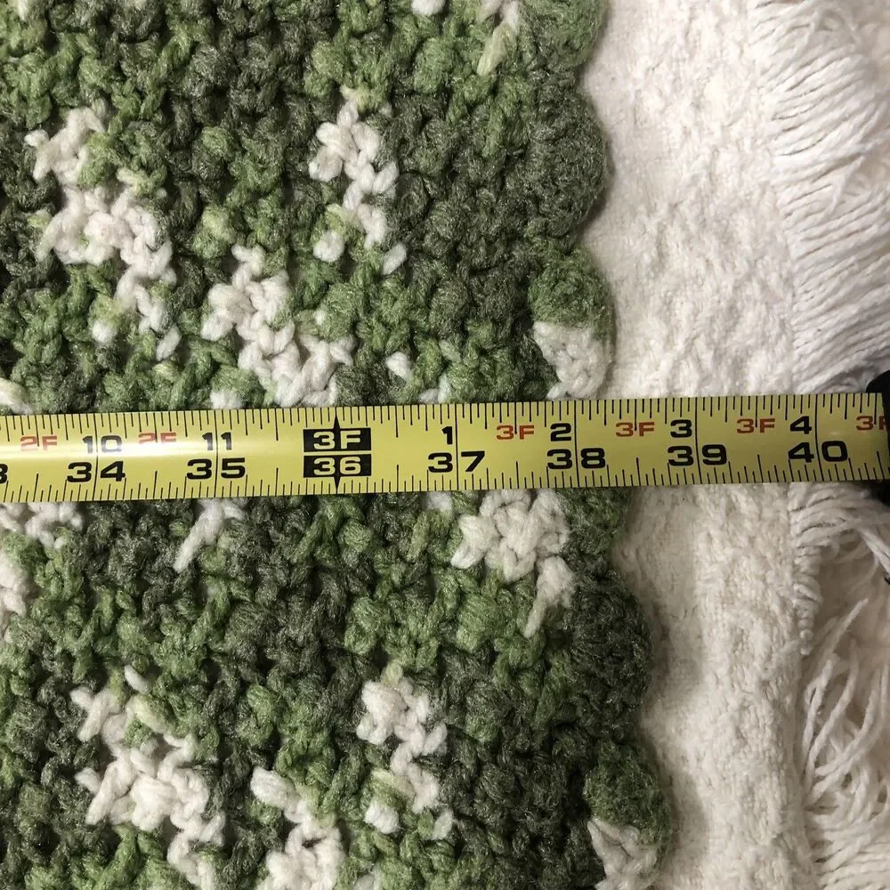 Homemade Green, Light Green, White Afghan Throw Camo 48” X 38” Scalloped Edge